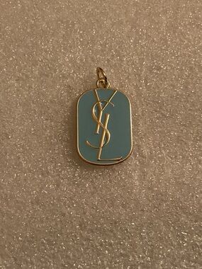 Vintage Yves Saint Laurent Turquoise Blue Enamel Logo Pendant Charm Gold Tone
